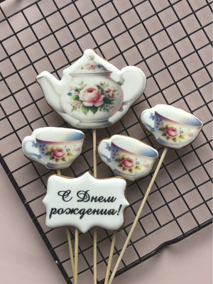 Пряничные топперы, украшение для  торта "Чайный сервиз"