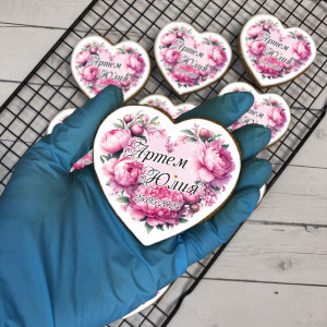 Имбирный пряник-бонбоньерка, подарок для гостей в день свадьбы "Сердце" (в розовом исполнении), 10 шт