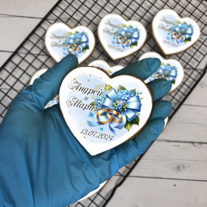 Имбирный пряник-бонбоньерка, подарок для гостей в день свадьбы "Сердце" (в голубом исполнении), 10 шт